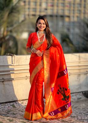 Bright orange zari woven vitthala god paithani silk blend saree 1