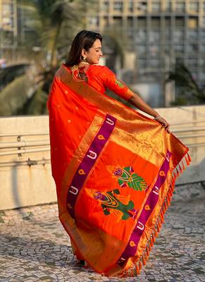 Bright orange zari woven vitthala god paithani silk blend saree 2