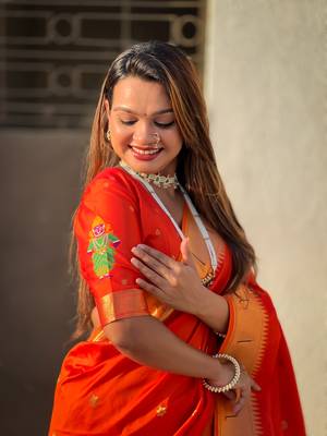 Bright orange zari woven vitthala god paithani silk blend saree 3