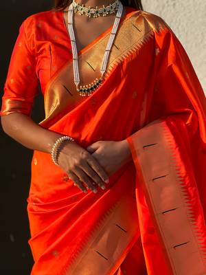 Bright orange zari woven vitthala god paithani silk blend saree 4