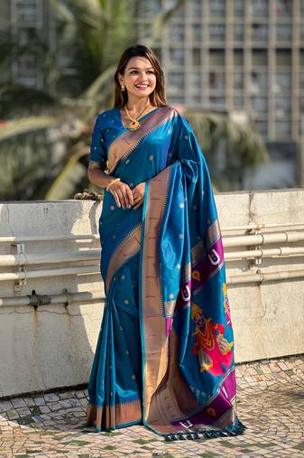 Rama blue zari woven vitthala god paithani silk blend saree