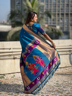 Rama blue zari woven vitthala god paithani silk blend saree 2