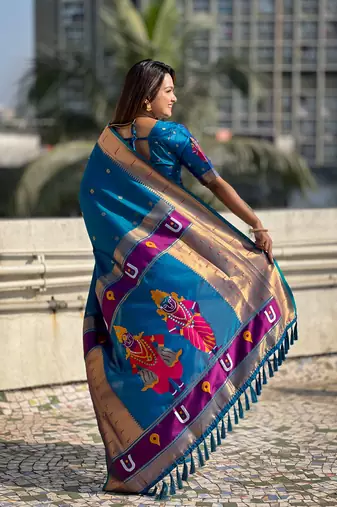 Rama blue zari woven vitthala god paithani silk blend saree