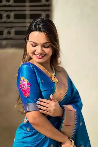 Rama blue zari woven vitthala god paithani silk blend saree