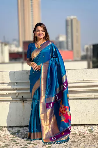 Rama blue zari woven vitthala god paithani silk blend saree