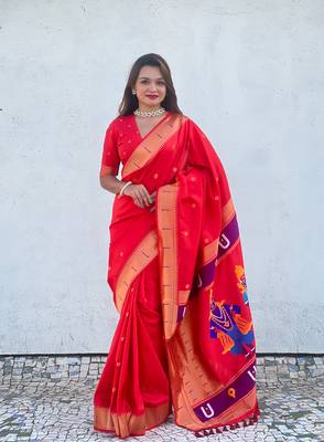 Red zari woven vitthala god paithani silk blend saree 1