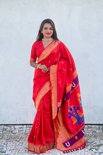 Red zari woven vitthala god paithani silk blend saree