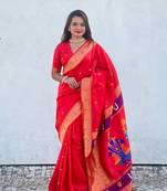 Red zari woven vitthala god paithani silk blend saree