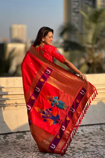 Red zari woven vitthala god paithani silk blend saree