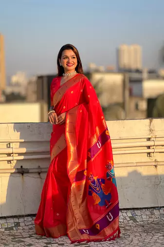 Red zari woven vitthala god paithani silk blend saree