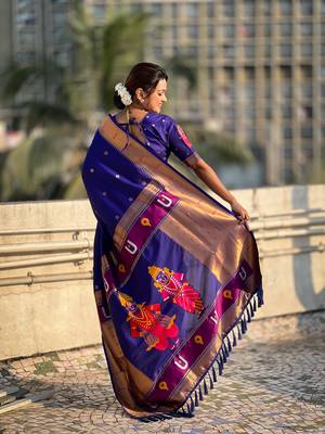 Violet zari woven vitthala god paithani silk blend saree 3