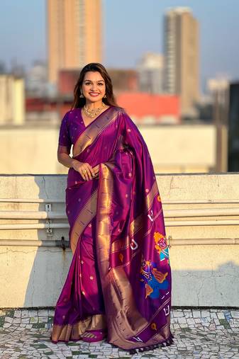 Wine zari woven vitthala god paithani silk blend saree