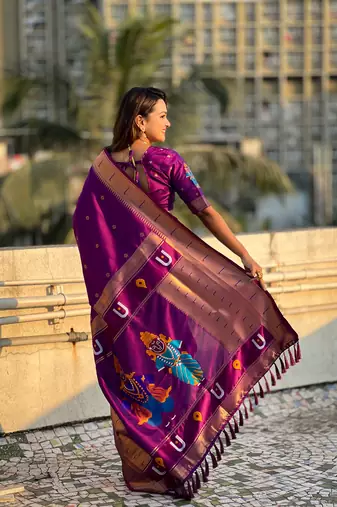 Wine zari woven vitthala god paithani silk blend saree