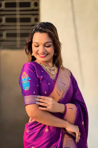 Wine zari woven vitthala god paithani silk blend saree