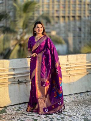 Wine zari woven vitthala god paithani silk blend saree 4