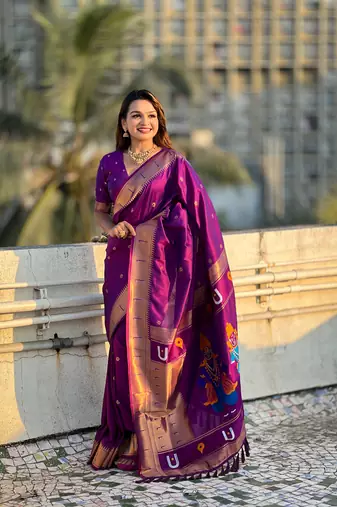 Wine zari woven vitthala god paithani silk blend saree
