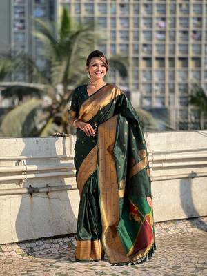 Bottle green zari woven gudi padwa special paithani silk blend saree 1