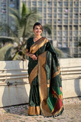 Bottle green zari woven gudi padwa special paithani silk blend saree