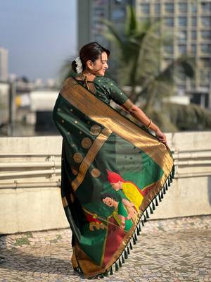 Bottle green zari woven gudi padwa special paithani silk blend saree 2