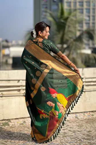 Bottle green zari woven gudi padwa special paithani silk blend saree