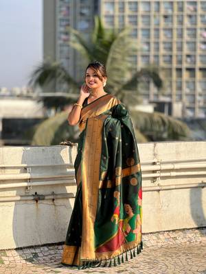 Bottle green zari woven gudi padwa special paithani silk blend saree 3