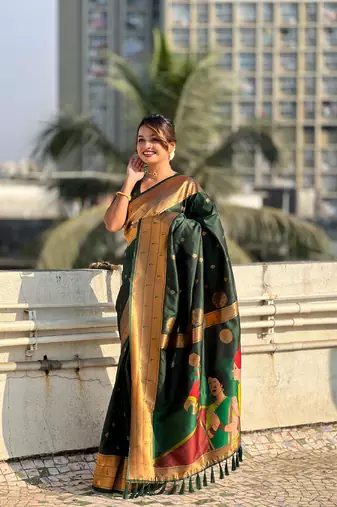 Bottle green zari woven gudi padwa special paithani silk blend saree