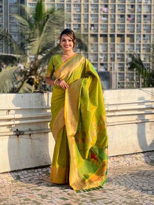 Mehendi green zari woven gudi padwa special paithani silk blend saree 1