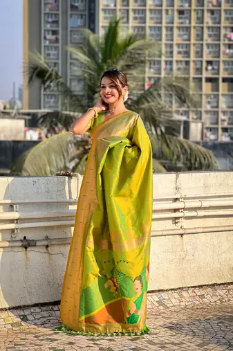 Mehendi green zari woven gudi padwa special paithani silk blend saree