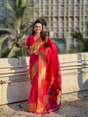 Pink zari woven gudi padwa special paithani silk blend saree 1