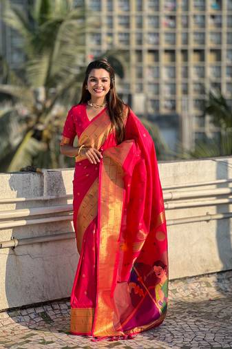 Pink zari woven gudi padwa special paithani silk blend saree