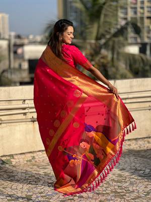 Pink zari woven gudi padwa special paithani silk blend saree 2