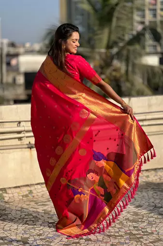 Pink zari woven gudi padwa special paithani silk blend saree