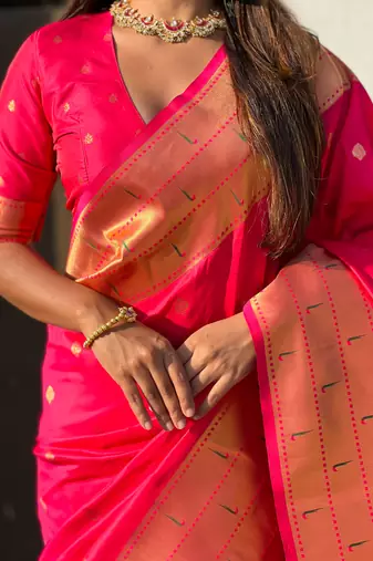 Pink zari woven gudi padwa special paithani silk blend saree