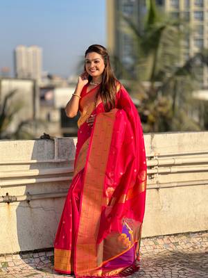 Pink zari woven gudi padwa special paithani silk blend saree 4