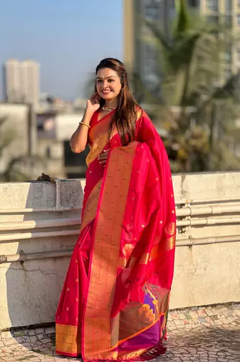 Pink zari woven gudi padwa special paithani silk blend saree