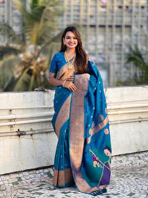 Blue zari woven gudi padwa special paithani silk blend saree 1