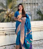 Blue zari woven gudi padwa special paithani silk blend saree