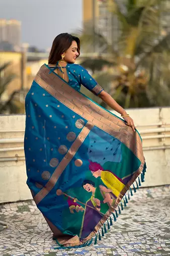 Blue zari woven gudi padwa special paithani silk blend saree