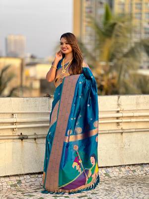 Blue zari woven gudi padwa special paithani silk blend saree 3
