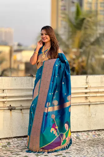 Blue zari woven gudi padwa special paithani silk blend saree