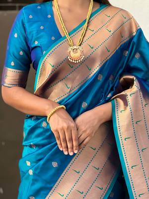 Blue zari woven gudi padwa special paithani silk blend saree 4