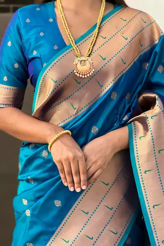 Blue zari woven gudi padwa special paithani silk blend saree
