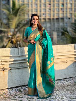 Sea green zari woven gudi padwa special paithani silk blend saree 1