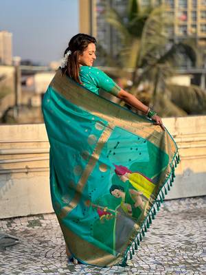 Sea green zari woven gudi padwa special paithani silk blend saree 2