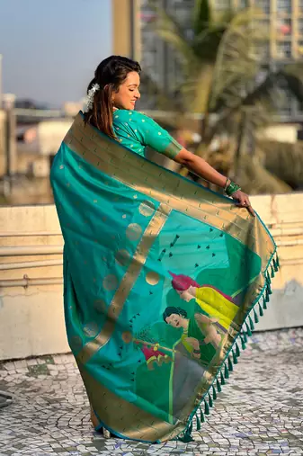 Sea green zari woven gudi padwa special paithani silk blend saree