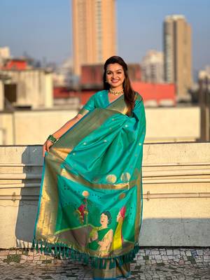 Sea green zari woven gudi padwa special paithani silk blend saree 3