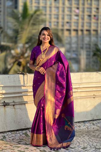 Wine zari woven gudi padwa special paithani silk blend saree