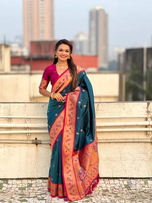 Denim blue zari woven tiny nath meenakari contrast yeola paithani silk blend saree 1