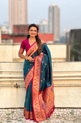 Denim blue zari woven tiny nath meenakari contrast yeola paithani silk blend saree