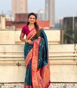 Denim blue zari woven tiny nath meenakari contrast yeola paithani silk blend saree